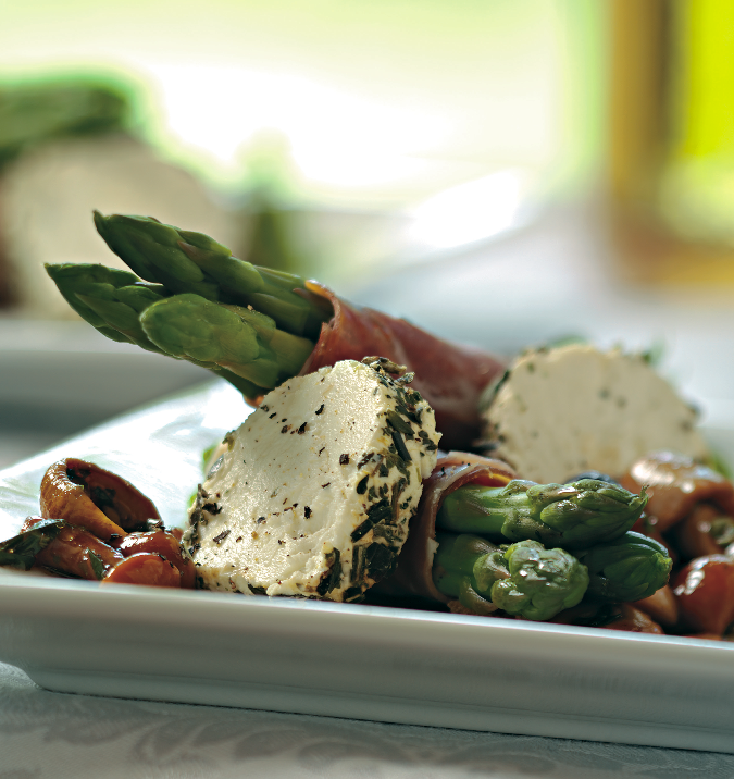 Prosciutto-Wrapped Asparagus with Goat Cheese and Mushroom Salad Prosciutto-Wrapped Asparagus with Goat Cheese and Mushroom Salad picture