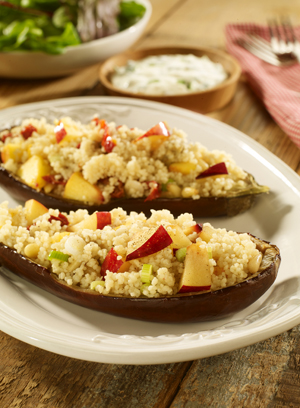 Baked Aubergine Stuffed with Plum & Nectarine Couscous Baked Aubergine Stuffed with Plum & Nectarine Couscous picture