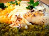 Cheesy Yellow Pepper Grits With Striped Bass And Roasted Poblano Vinaigrette