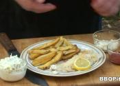 Grilled Fish And Potato Chips With Coleslaw