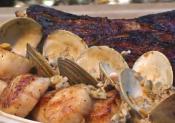 Grilled Rib Steak With Seared Scallops In Clam Sauce
