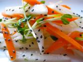 Marinated Daikon And Carrot Salad With Spring Snow Pea Shoots