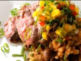 Skirt Steak With Rice And Beans And Mango Salsa