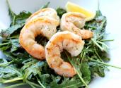 Pan Seared Lemon Garlic Shrimp With Caramelized Onion Balsamic Vinaigrette Dressed Baby Kale Salad