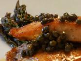 Pan Seared Salmon With Caper White Wine Butter Sauce And Roasted Garlic Asparagus