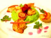 Pea Puree With Shrimp, Scallops & Bacon