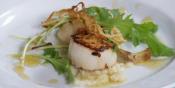 Perfectly Seared Digby Scallops With Artichoke Puree And Fried Shallot Rings