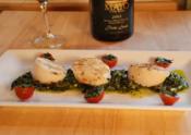Scallops On Pesto Sauce And Stuffed Cherry Tomatoes 