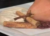 Poached Pear With Raspberry Syrup With Creamy Cinnamon Semifreddo