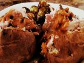 Roasted Chicken Stuffed Baked Potatoes With Mushroom Pan Gravy