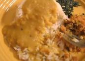 Split Pea Soup With Steamed Rice And Sauteed Spinach And Salt Fish