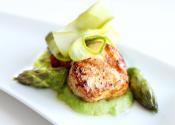 Seared Scallops With Shaved Asparagus And Pea Puree
