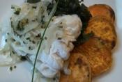 Steamed Cod With Roasted Sweet Potatoes And Kale