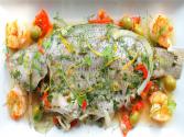 Striped Bass Stuffed With Fennel, Lemon, Tomatoes, Olives And Capers