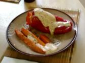 Stuffed Peppers & Carrots With Rice And Herbs. Topped With Chipotle Drizzle