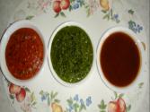 Tomato Chutney, Dhaniya (coriander) Chutney, Khajur Imli (date Tamarind) Chutney