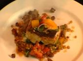 Wild Striped Bass With Braised Greens And Tomato Confit