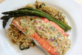 Copper River Salmon featuring Almond Tarragon Vinaigrette and Caramelized Couscous