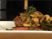 Pan Seared Strip Steak with Fresh mushroom, Thyme Sauce and Roasted Asparagus 