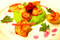 Pea Puree with Shrimp, Scallops & Bacon