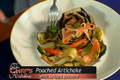 Poached Artichoke with Grilled Zucchini and Saffron Sauce