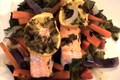 Salmon in Parchment on a Bed of Greens with Julienne Root Vegetables