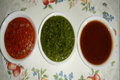 Tomato Chutney, Dhaniya (Coriander) Chutney, Khajur Imli (Date Tamarind) Chutney