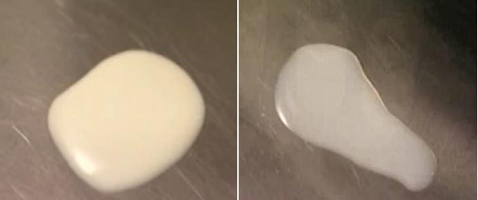 1% milk, as seen on the right, is runnier and watery as compared to full fat milk (left)