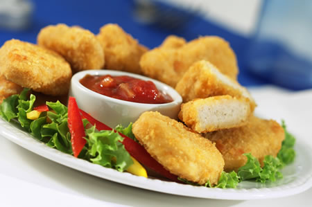 Breaded chicken brings an additional crispiness and crunchiness Breaded chicken brings an additional crispiness and crunchiness