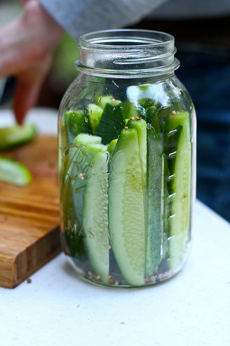 Homemade Crisp Dill pickle waiting to be sealed