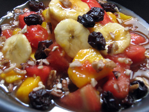 Several types of fruits are used in this sumptuous fruit dessert