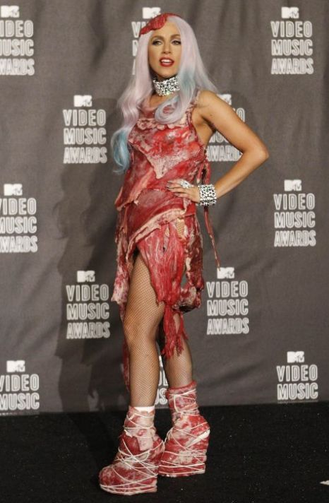 lady gaga meat dress pictures. Lady Gaga Meat Dress
