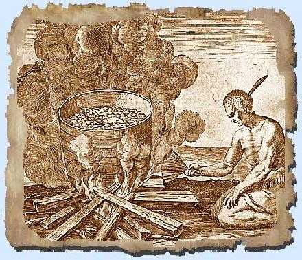An illustration of a Native American cooking his dishes