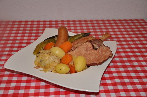 Potee Lorraine made with sausages, pork roast, Baby potatoes and carrots.