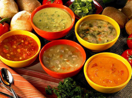 Sumptous display of soups in a soup party