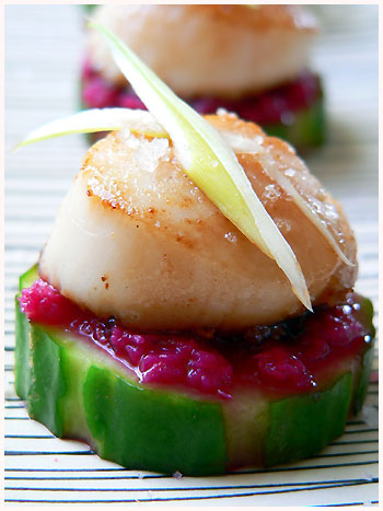 Colors!!Scallop Horseradish Finger Food on a simple white plate Colors!!Scallop Horseradish Finger Food on a simple white plate