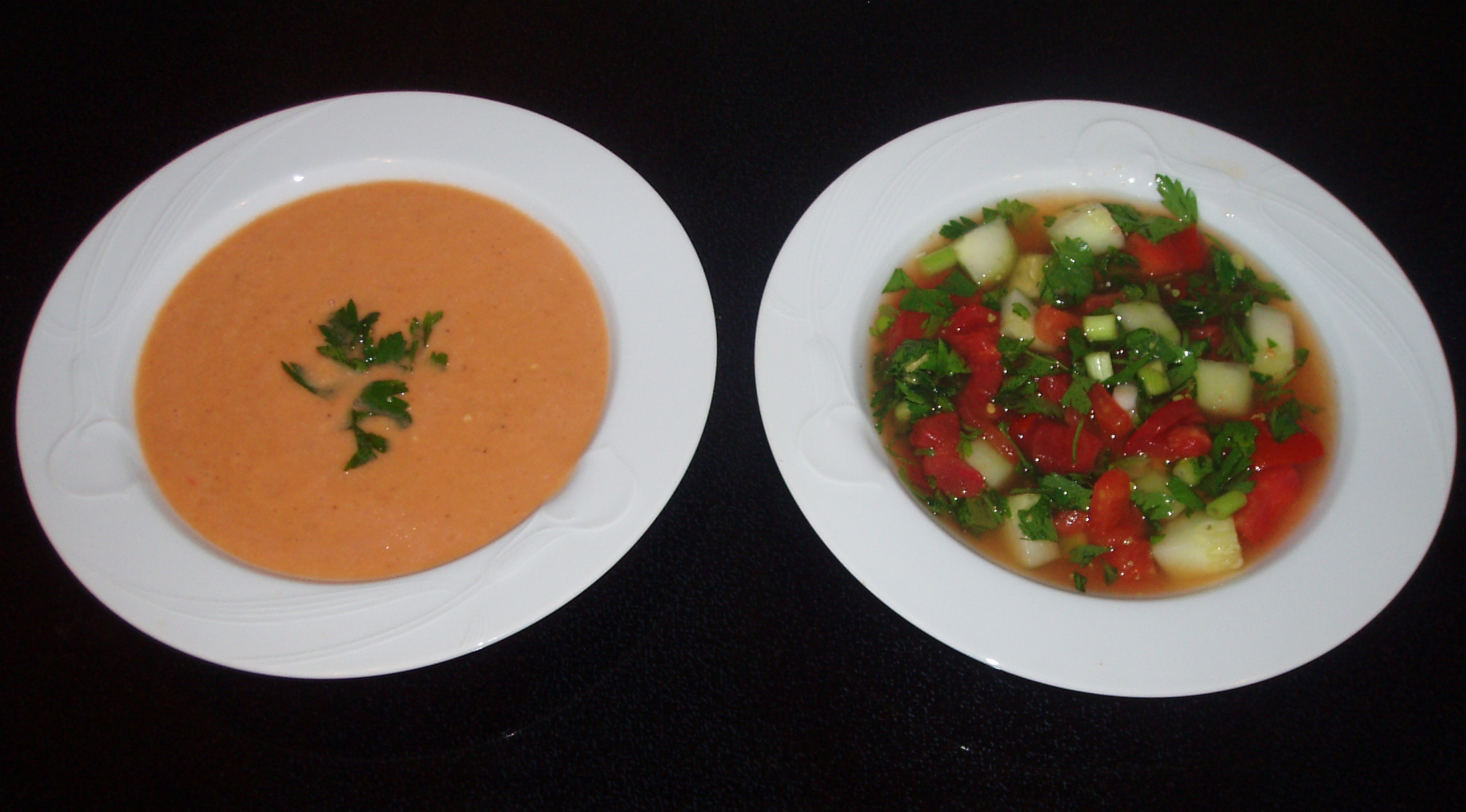 There are 2 popular versions of Gazpacho-the simple peasant soup and the one served in urban households