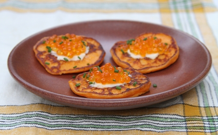 Sweet Potato & Apple Blini with Bourbon Infused Trout Roe Sweet Potato & Apple Blini with Bourbon Infused Trout Roe picture