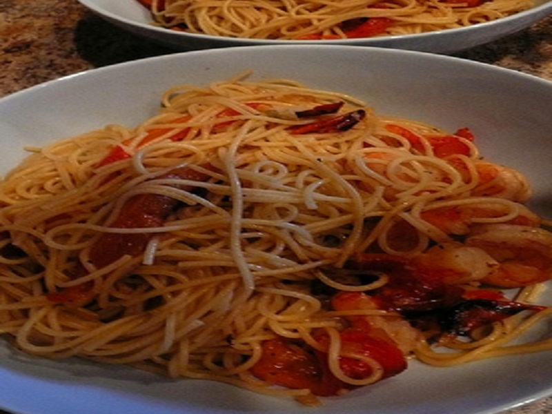 Thin Pasta with Shrimp, Red Peppers and Pine Nuts Thin Pasta with Shrimp, Red Peppers and Pine Nuts picture